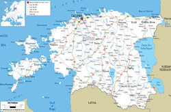 Detailed road map of Estonia with cities and airports.