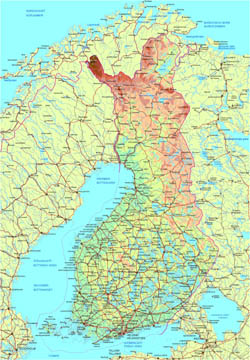 Detailed physical and road map of Finland.
