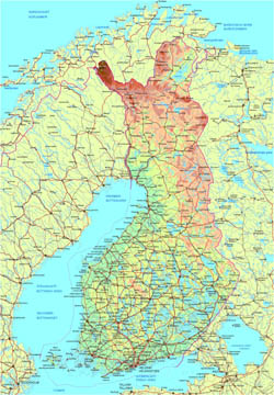 Detailed physical and road map of Finland.