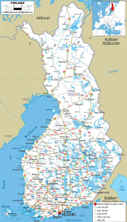 Detailed road map of Finland with cities and airports.