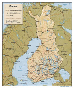 Political map of Finland with relief.