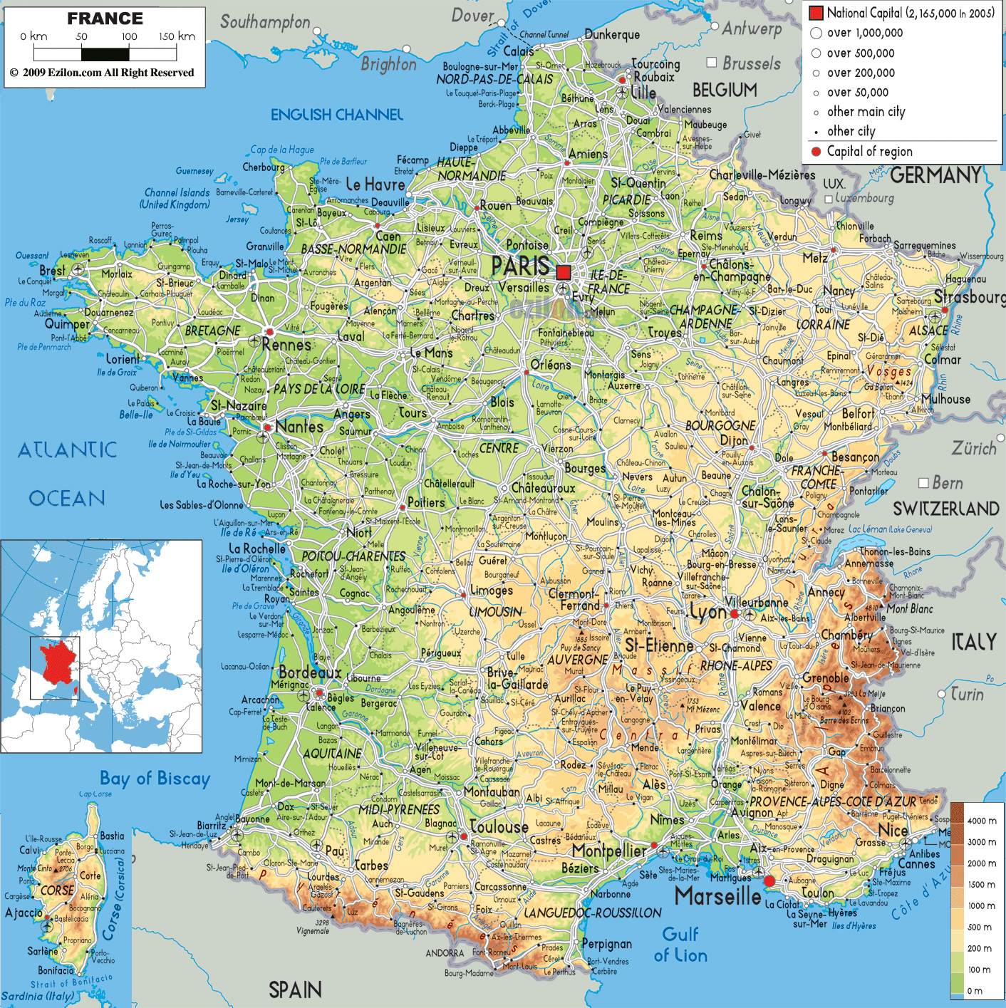 Detailed Physical Map Of France With Roads Cities And Airports 