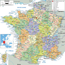 Detailed political and administrative map of France with roads cities and airports.