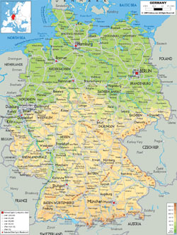 Detailed physical map of Germany with cities, roads and airports.