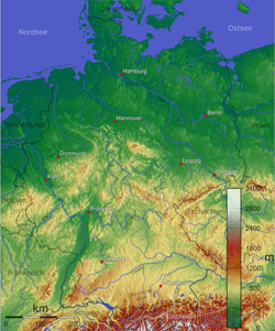 Physical map of Germany.