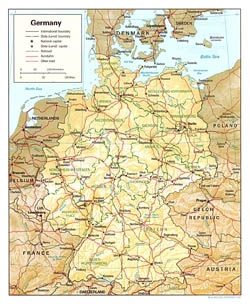 Political and administrative map of Germany with relief.