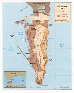 Detailed political map of Gibraltar with relief.