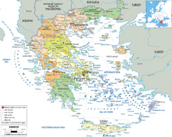 Detailed political and administrative map of Greece with cities, roads and airports.