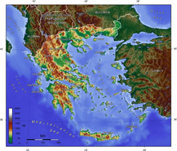 Physical map of Greece.