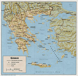 Political map of Greece with relief and cities.