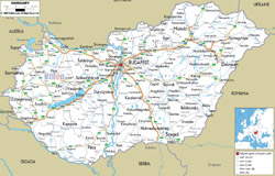 Detailed road map of Hungary with cities and airports.