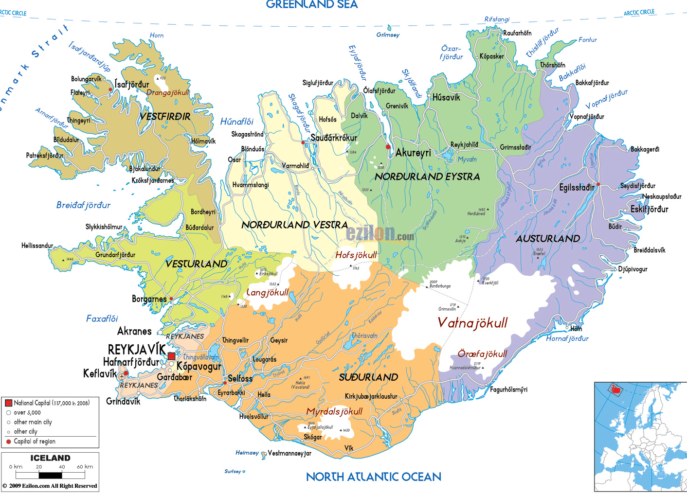 Detailed Political And Administrative Map Of Iceland With Roads Cities And Airports 