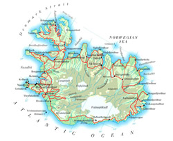 Road map of Iceland with cities.