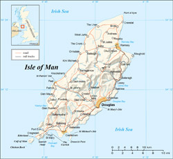 Detailed relief map of Isle of Man with roads and cities.