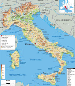 Detailed physical map of Italy with cities, roads and airports.