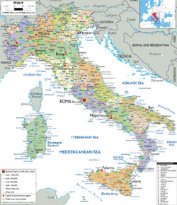 Detailed political and administrative map of Italy with cities, roads and airports.