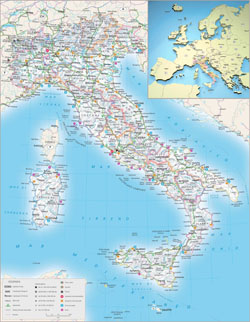 Detailed relief, political and administrative map of Italy with cities, roads and airports.