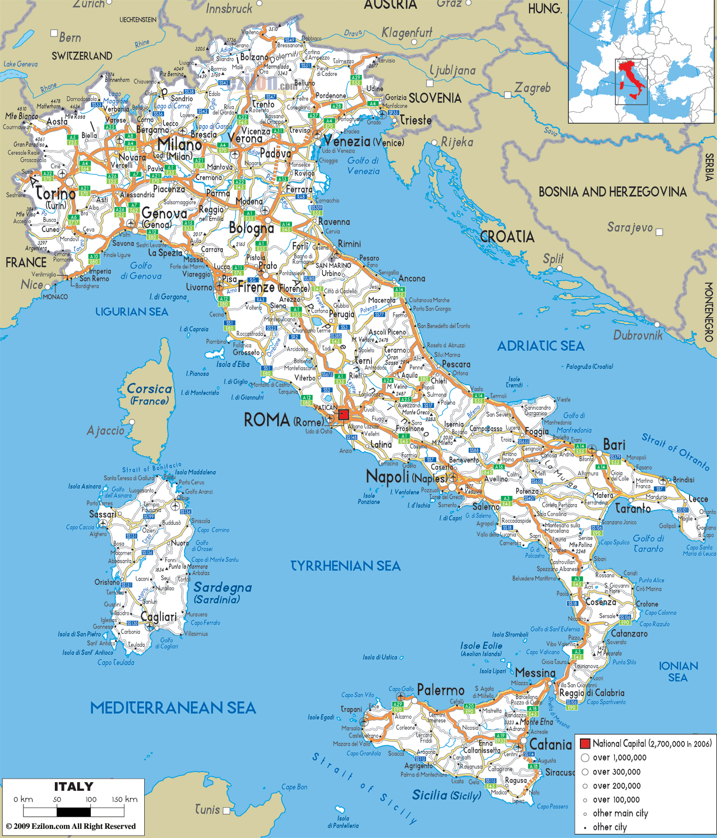 Detailed Road Map Of Italy With Cities And Airports 