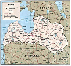 Political map of Latvia with roads and cities.