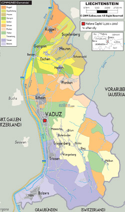 Detailed political and administrative map of Liechtenstein with all roads and cities.