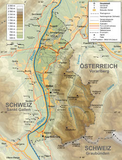 Physical map of Liechtenstein.