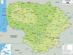 Detailed physical map of Lithuania with roads, cities and airports.