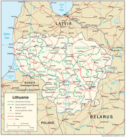 Detailed political and administrative map of Lithuania with roads and cities.