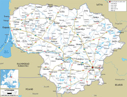 Detailed road map of Lithuania with cities and airports.