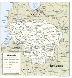 Political and administrative map of Lithuania with roads and cities.