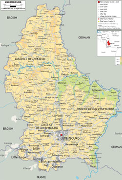 Detailed physical map of Luxembourg-with roads, cities and airports.