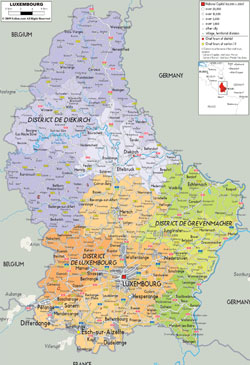 Detailed political and administrative map of Luxembourg with roads, cities and airports.