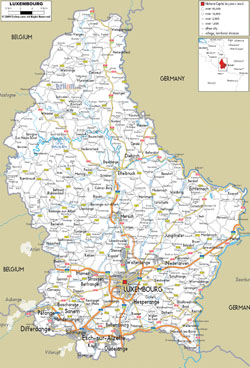 Detailed road map of Luxembourg with cities and airports.