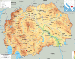Detailed physical map of Macedonia with roads, cities and airports.