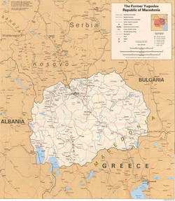 Large political map of Macedonia with roads, cities and airports.