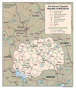 Political and administrative map of Macedonia with roads and cities.