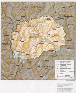 Political map of Macedonia with relief, roads, cities and airports.