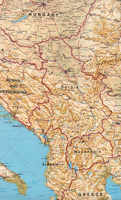 Political map of Serbia and Macedonia with relief, roads, cities and airports.