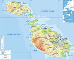 Detailed physical map of Malta with roads,cities and airports.