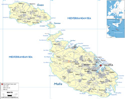 Detailed political map of Malta with roads, cities and airports.