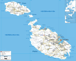 Detailed road map of Malta with cities and airports.