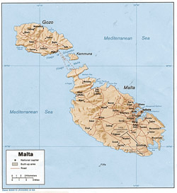 Political map of Malta with relief, roads and cities.