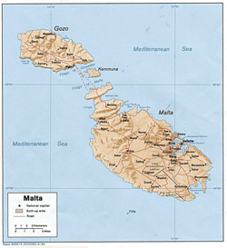 Political map of Malta with relief, roads and cities.