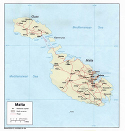 Political map of Malta with roads and cities.