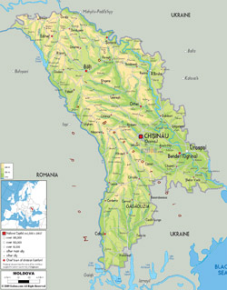 Detailed physical map of Moldova with roads, cities and airports.