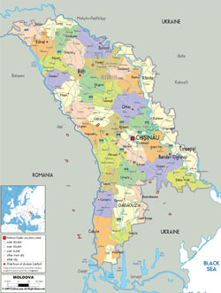 Detailed political and administrative map of Moldova with roads, cities and airports.