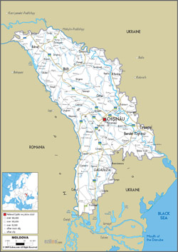 Detailed road map of Moldova with cities and airports.