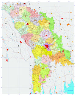 Large detailed administrative map of Moldova with all roads, cities, villages and airports.