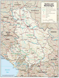 Detailed political and administrative map of Serbia and Montenegro with relief, roads and cities.