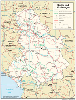 Detailed political and administrative map of Serbia and Montenegro with roads and cities.
