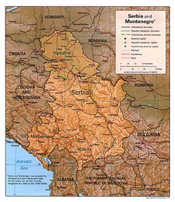 Political and administrative map of Serbia and Montenegro with relief, roads and cities.